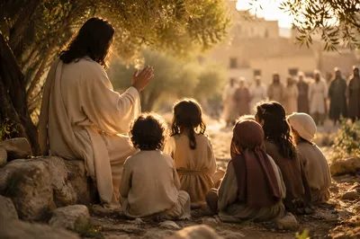 Jesus Blessing Little Children at Sunset
