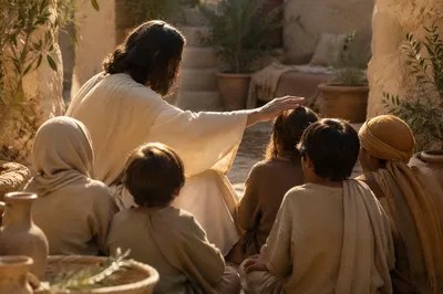 Jesus Blessing Children in Sunlit Courtyard