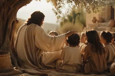 Jesus Blessing Children Beneath Olive Tree