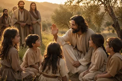Man Blessing Children in Hillside Meadow