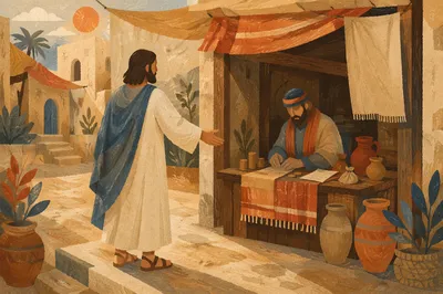 Jesus Calling Matthew in Quiet Marketplace