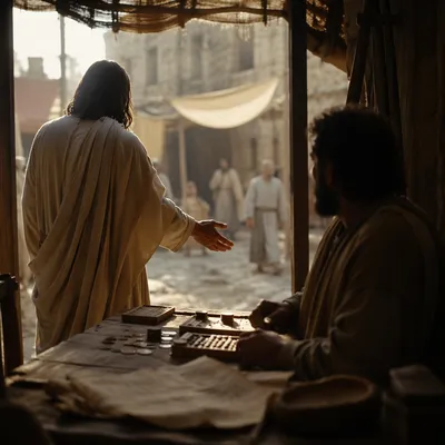 Jesus Calling Matthew in Ancient Marketplace