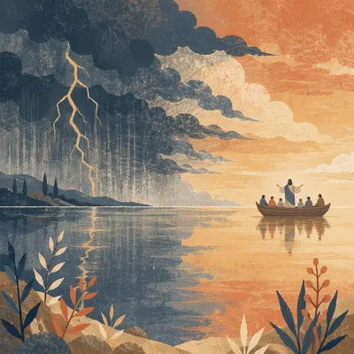 Jesus Calming the Storm at Sunset