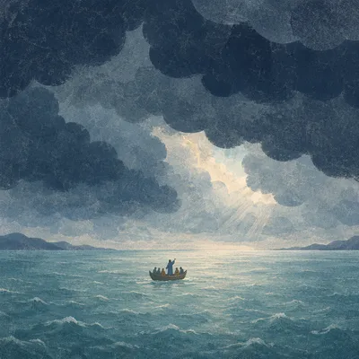 Jesus Calms Storm Over Turquoise Sea