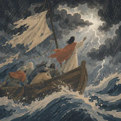 Jesus Calms Storm Over Galilee Boat