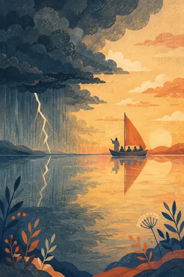 Jesus Calming the Storm at Sunset