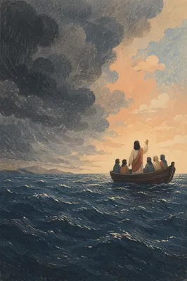 Jesus Calming Storm Over Distant Sea
