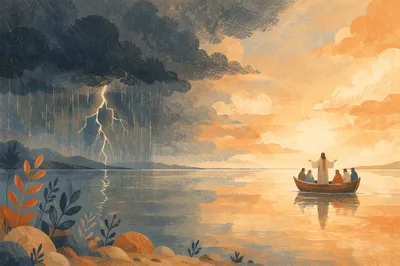 Jesus Calms the Storm at Sunset