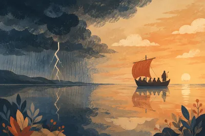 Jesus Calming the Storm at Sunset