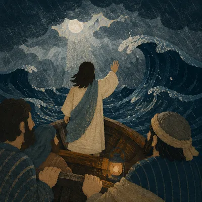 Jesus Calming Storm on Galilee at Night