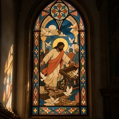 Jesus Cleansing the Temple Stained Glass