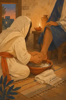 Humble Foot Washing in Lamp Lit Room