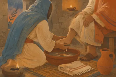 Humble Foot Washing in Lamplit Room