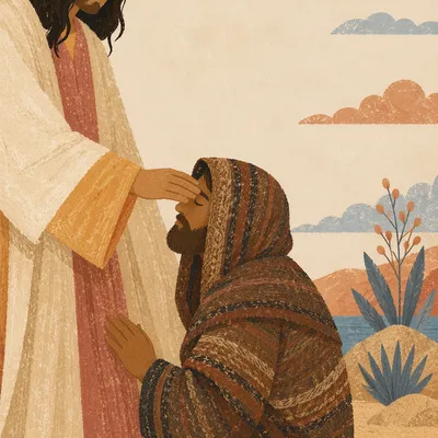 Jesus Healing Blind Man in Courtyard