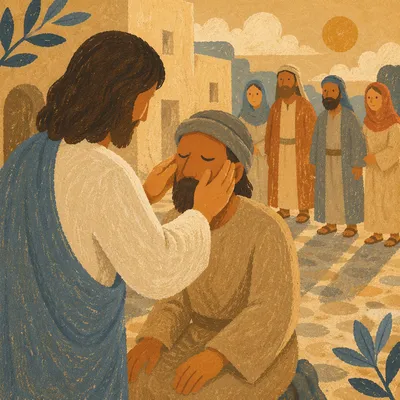 Jesus Heals Blind Man in Courtyard