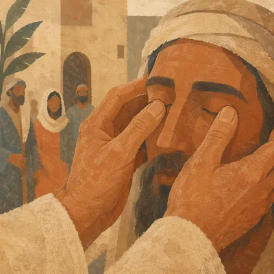 Jesus Healing Blind Man in Courtyard