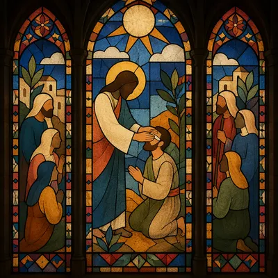 Jesus Healing Blind Man in Stained Glass
