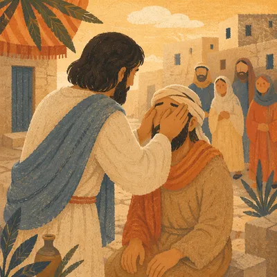 Jesus Healing Blind Man in Courtyard