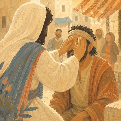 Jesus Healing Blind Man in Courtyard