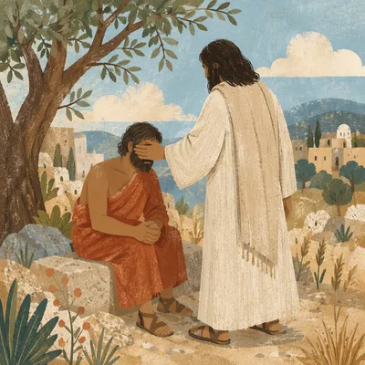 Jesus Healing Blind Man on Hillside Path