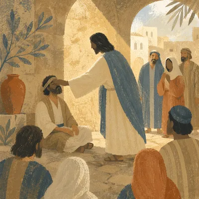 Jesus Healing Blind Man in Courtyard
