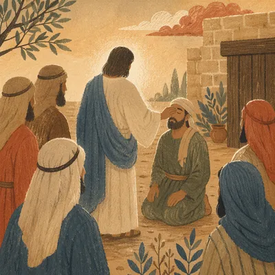 Jesus Healing Blind Man in Ancient Courtyard