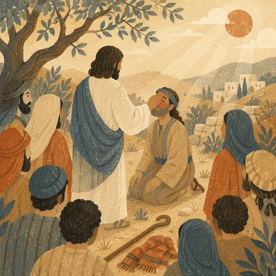 Jesus Healing Blind Man on Village Road