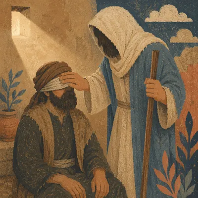 Jesus Healing Blind Man in Village Courtyard
