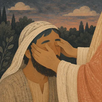 Jesus Gently Healing a Blind Man