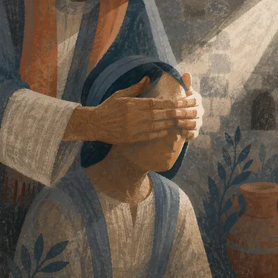 Jesus Healing Blind Man in Morning Light