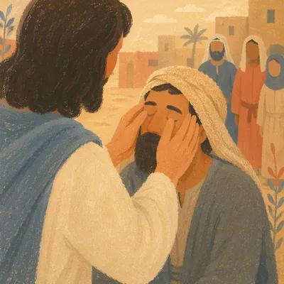 Jesus Healing Blind Man in Sunlit Courtyard