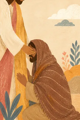 Jesus Healing Blind Man in Sunlit Courtyard