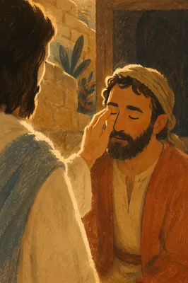 Jesus Touches Blind Man in Healing Moment