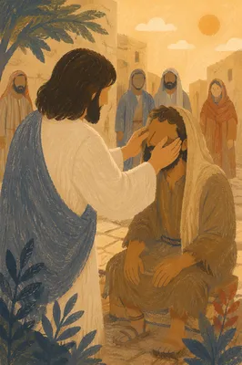 Jesus Healing Blind Man in Courtyard