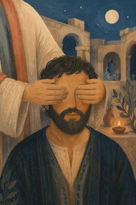 Jesus Healing Blind Man in Ancient Courtyard