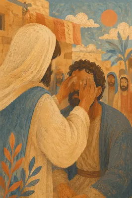 Jesus Healing Blind Man in Courtyard