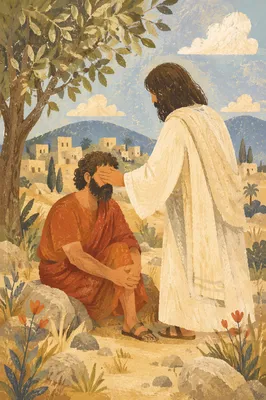 Jesus Heals Blind Man on Hillside Path
