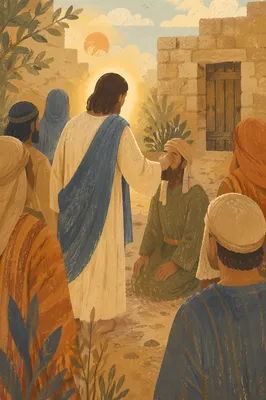Jesus Heals Blind Man in Ancient Courtyard