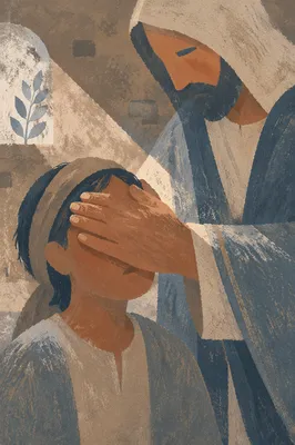 Jesus Healing Blind Man in Gentle Close Up
