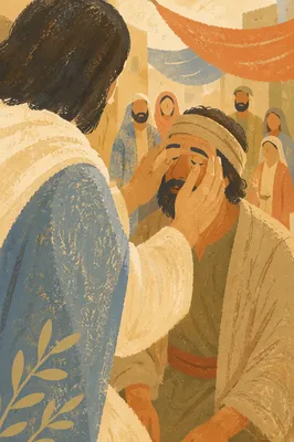 Jesus Healing Blind Man in Golden Courtyard