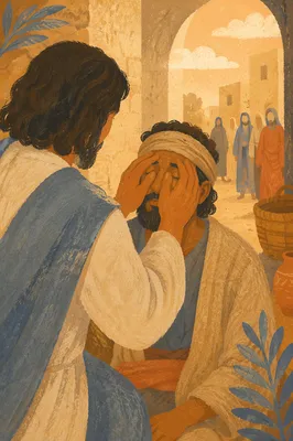 Jesus Healing Blind Man in Village Courtyard