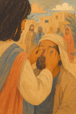 Jesus Healing Blind Man in Sunlit Courtyard