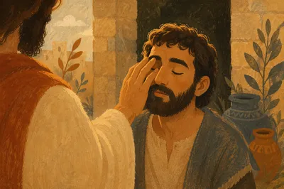 Jesus Healing Blind Man in Courtyard
