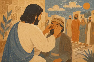 Jesus Healing Blind Man in Courtyard
