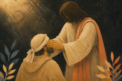 Jesus Healing Blind Man in Sacred Light