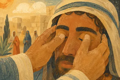 Jesus Healing Blind Man in Ancient Courtyard