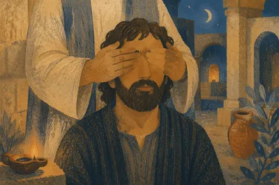 Jesus Healing Blind Man in Ancient Courtyard