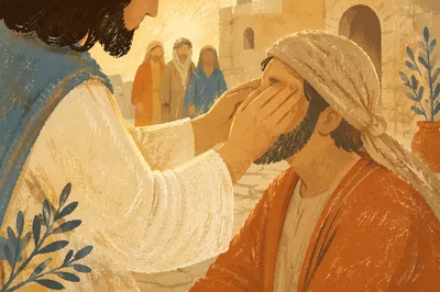 Jesus Healing Blind Man in Compassion