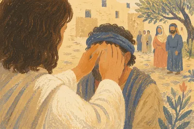 Jesus Healing Blind Man on Village Lane