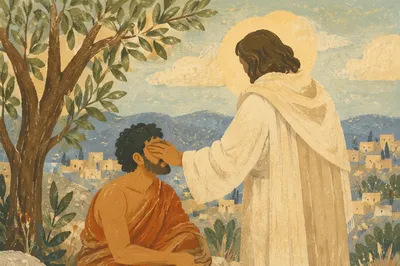 Jesus Healing Blind Man on Hillside Path